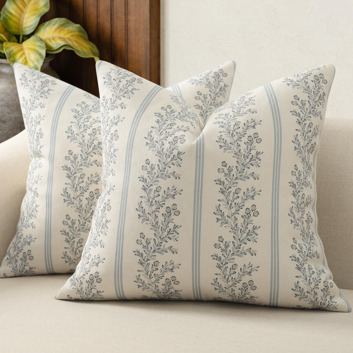 Vintage Throw Pillow Covers 20x20 Set of 2, Striped Floral Pillow Cover Botanical Patterned Decorative Cushion Covers Modern Farmhouse Home Decor for Sofa Couch Bed Living Room, Light Blue