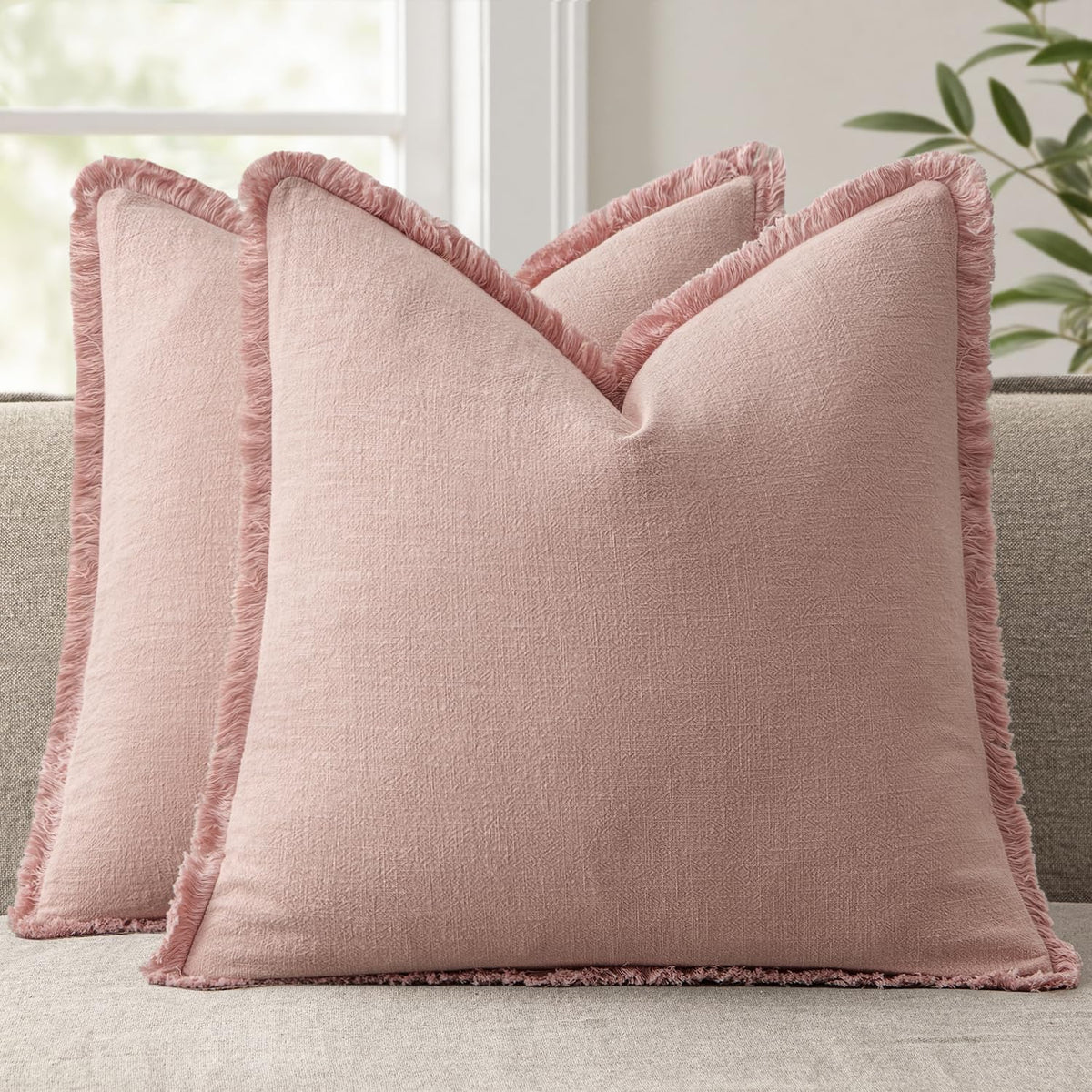 ANRODUO Decorative Linen Fringe Pillow Covers 18×18 Inch Sage Green 2 Pack