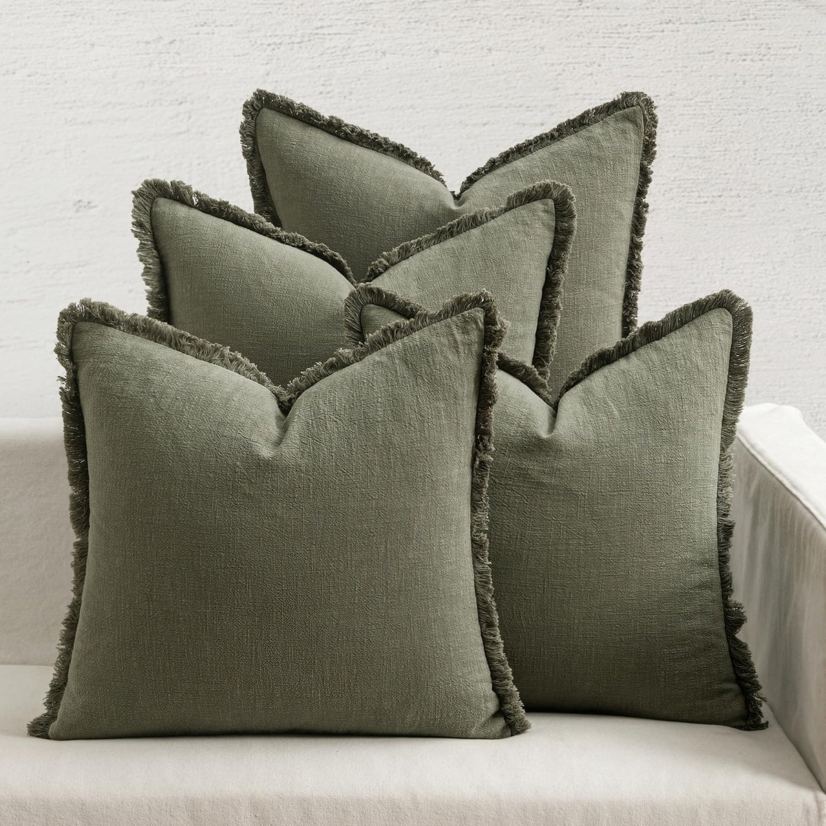 MIULEE Fall Linen Fringe Pillow Covers Set of 4 18x18 Beige/Brown/Green