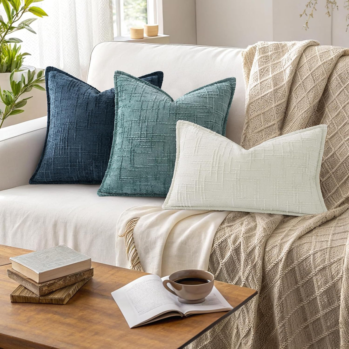 decorUhome Chenille Decorative Throw Pillow Covers 12x20 Set of 2, Navy