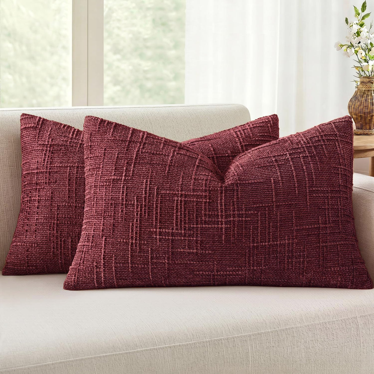 MIULEE Chenille Textured Throw Pillow Covers Cream White 18x18 Set of 2