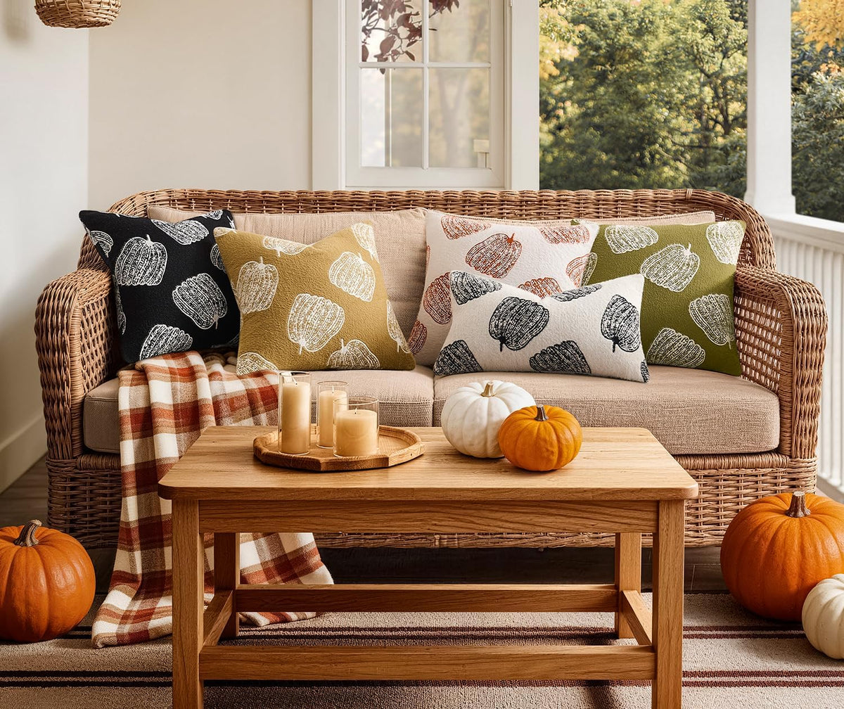 Throw Pillow Covers Set of 2 18x18 White Pumpkins Fall Camel Covers, Soft Faux Decorative Yellow Covers for Couch Sofa Bed Living Room, Farmhouse Home Boho Decor