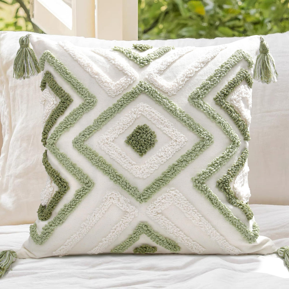 Boho Sofa Throw Pillow Covers – Exquisitely Crafted with Hand-Finished Tuft with Thick Cotton Tassel Details – Soft & Stylish Moroccan Decorative, 18x18inch (Spring Ruched)