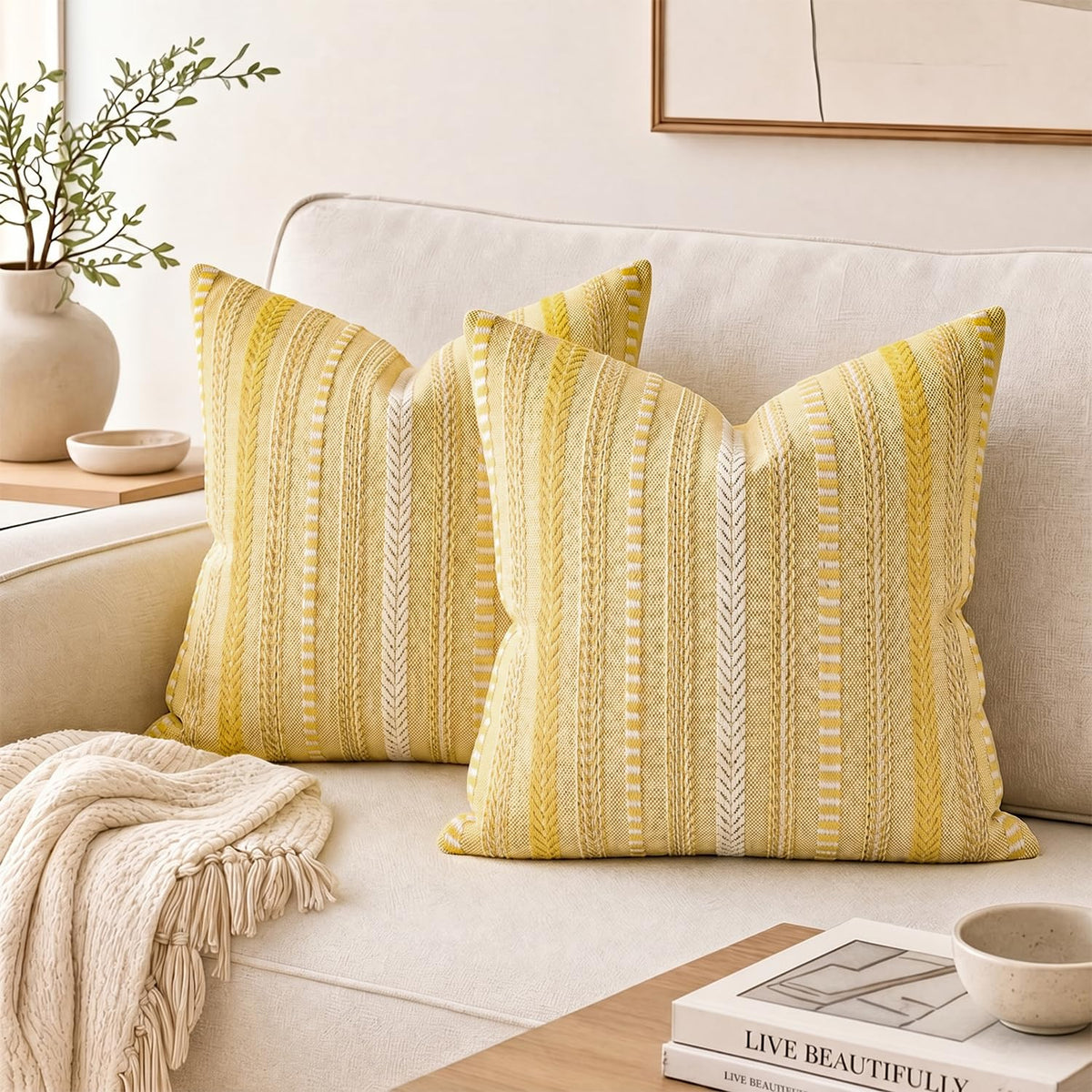 AVOIN colorlife Black Boho Decorative Throw Pillow Covers Set of 2, 18 x 18 Inch Woven Stripe Textured Rustic Cushion Case Home Decor for Living Room Couch Sofa