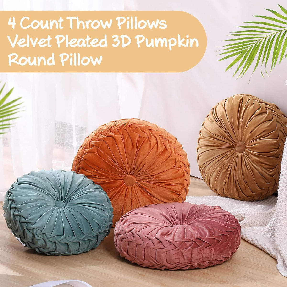 Kathfly 4 Pcs Round Throw Pillows Velvet Pleated Pillows, Vintage Colors