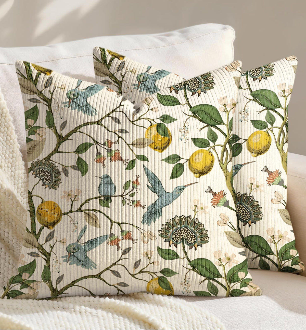 Corduroy Throw Pillow Covers 18x18 - Set of 2 Decorative Spring Pillow Covers with Zipper Farmhouse Decor Cottage Throw Pillowcases for Couch Sofa Living Room Home Bedroom, PK Floral