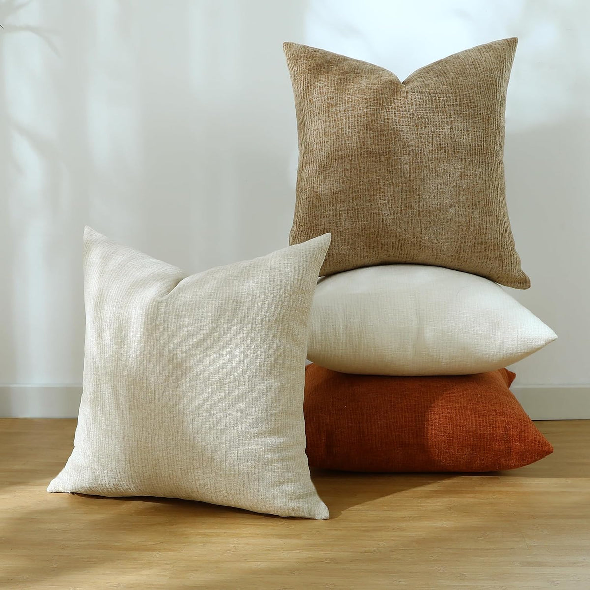 Stellhome Pack of 2 Soft Textured Throw Decorative Pillow Covers Square Accent Solid Cushion Cover Cozy Farmhouse Pillow Case for Couch Sofa Bedroom Living Room 18x18 Inch, Natural Beige