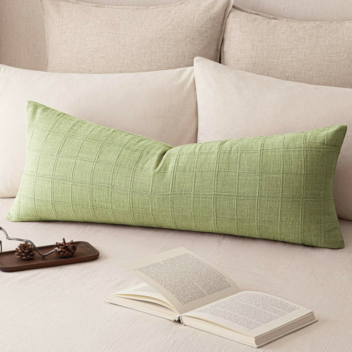 Foindtower Set of 1 Decorative Linen Check Throw Pillow Cover Neutral Farmhouse Lumbar Cushion Cover Modern Boho Home Decor for Sofa Chair Couch Bedroom Living Room,12×20 Inch,Olive Green