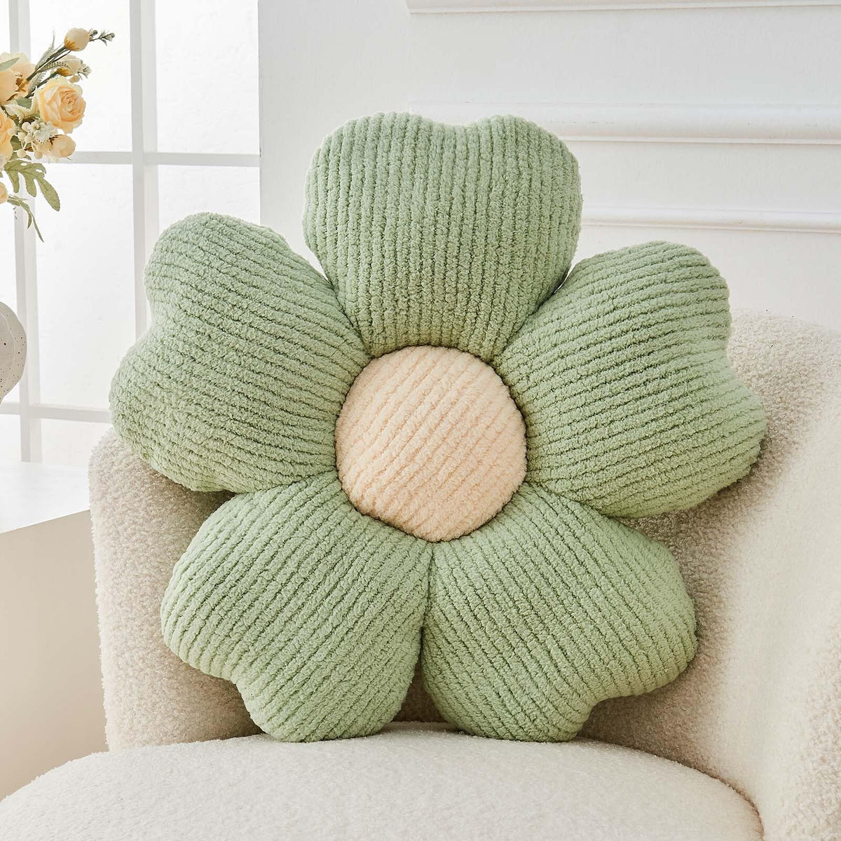 Kcvvcr Flower Throw Pillow, Cute Flower Shaped Pillow Decorative Throw Pillow for Bed Couch, Soft Daisy Pillows Floor Seating Cushion Cushions (14.9 Inch Ivory+Brown)
