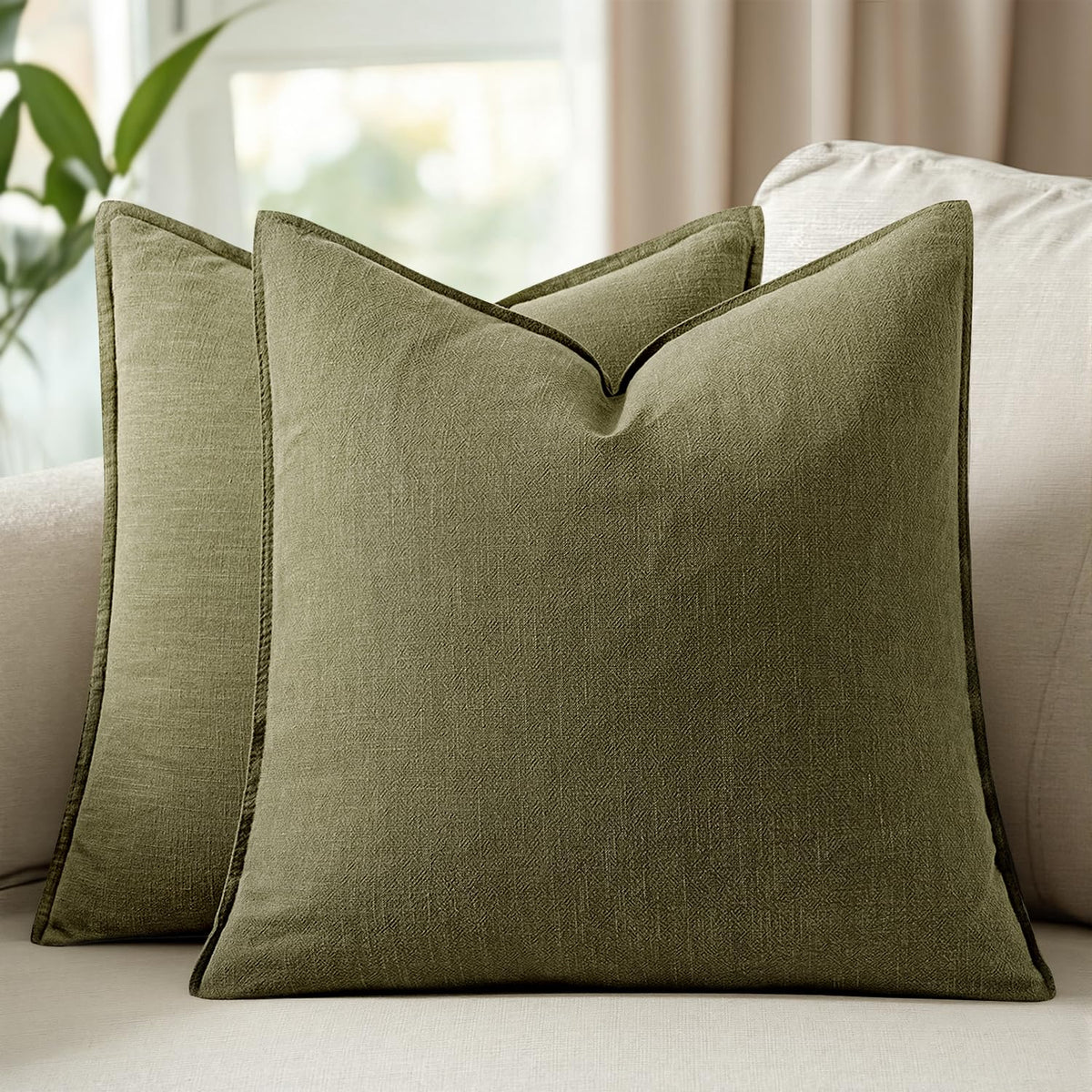 Set of 2 Linen Solid Throw Pillow Covers 20x20 Inch Dark Olive Green