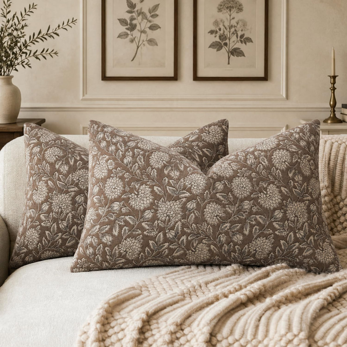 Vintage Floral Pillow Covers 18x18 Set of 2, Dahlia Botanical Block Print Style Pillow Cover Polycotton Cushion Case, Farmhouse Decor Throw Pillow for Sofa Couch Bedroom Home, Warm Brown