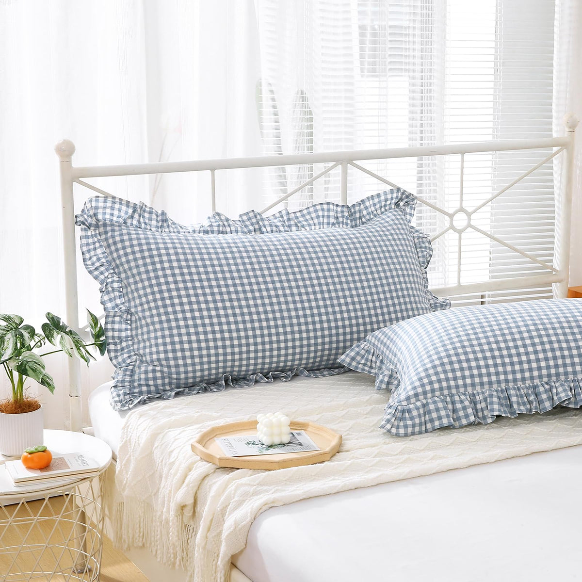 2 Pack Taupe White Gingham Ruffle Throw Pillow Covers 18''x18''