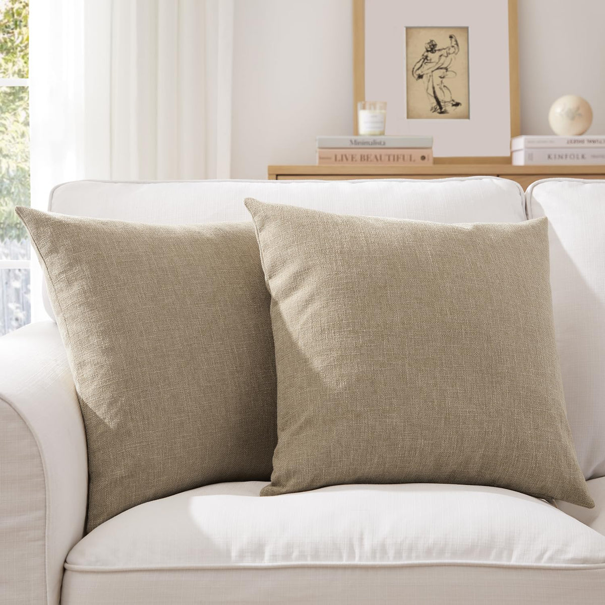 Meekio Linen Blend Throw Pillow Covers 20x20 Set of 2, Ivory