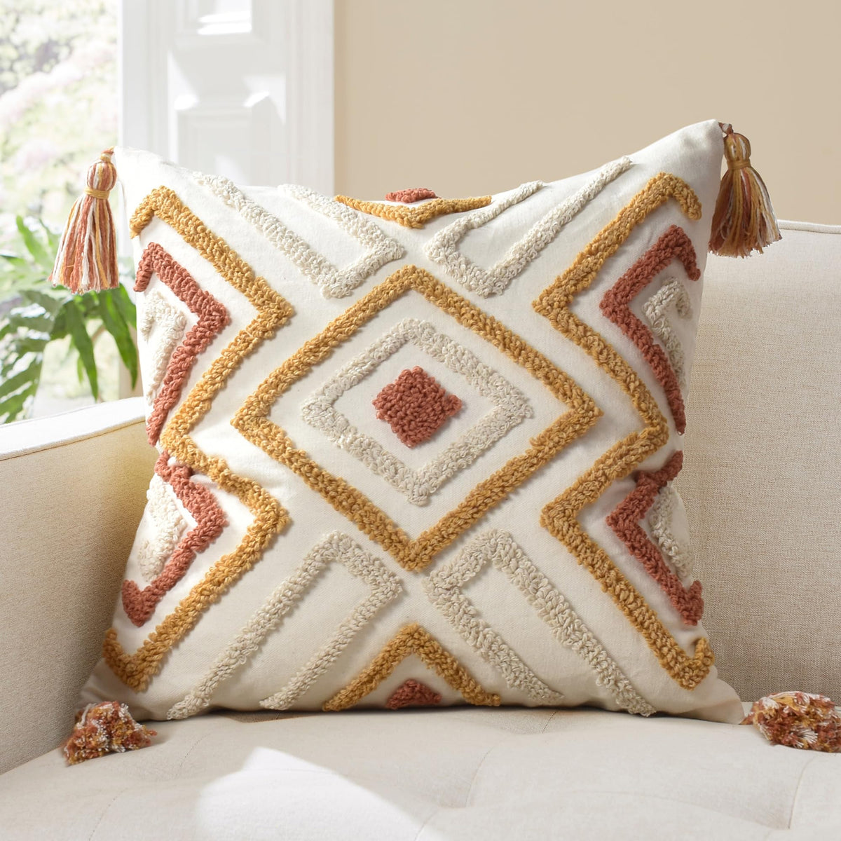 Boho Sofa Throw Pillow Covers – Exquisitely Crafted with Hand-Finished Tuft with Thick Cotton Tassel Details – Soft & Stylish Moroccan Decorative, 18x18inch (Spring Ruched)