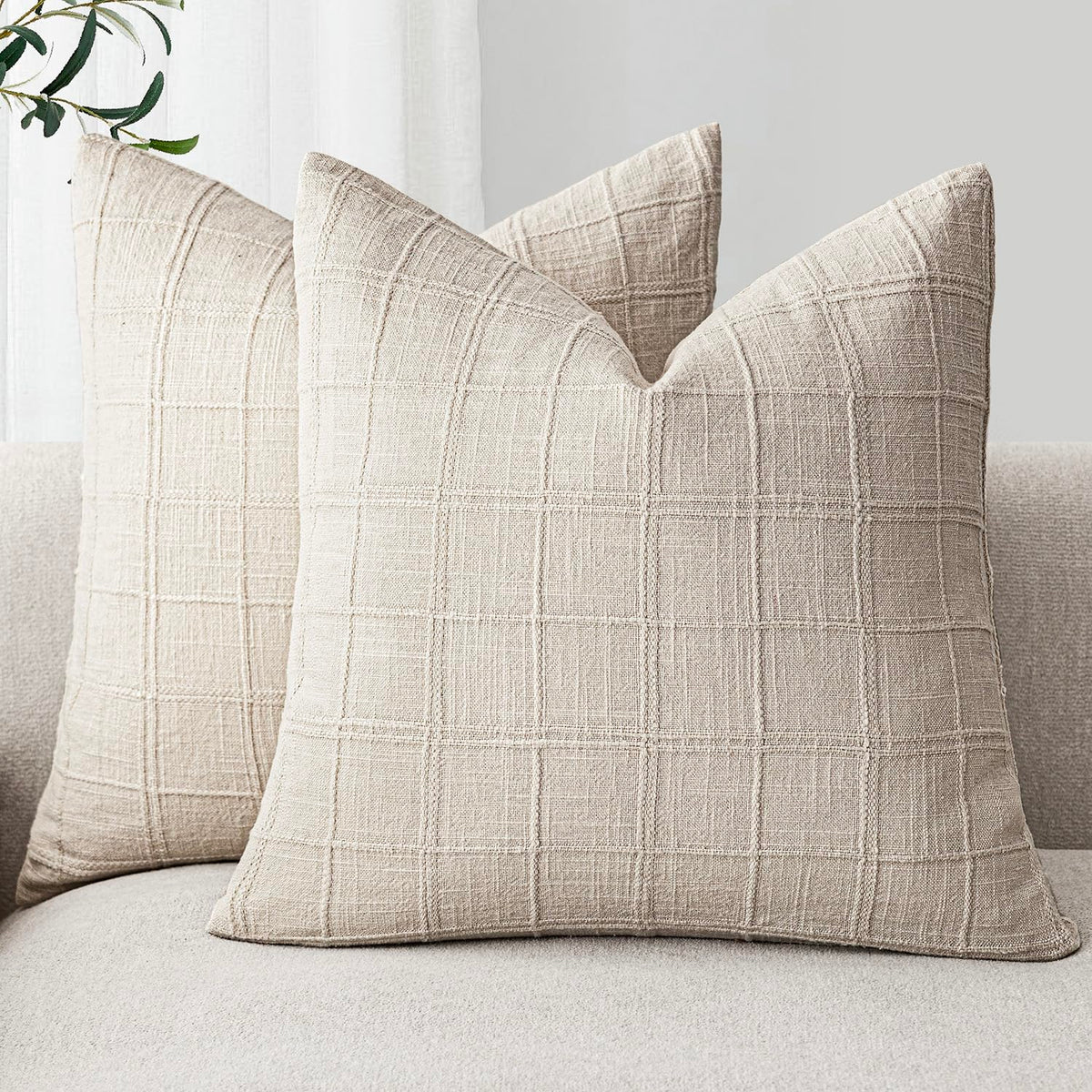 Foindtower Linen Check Decorative Throw Pillow Covers 18×18 Natural Beige