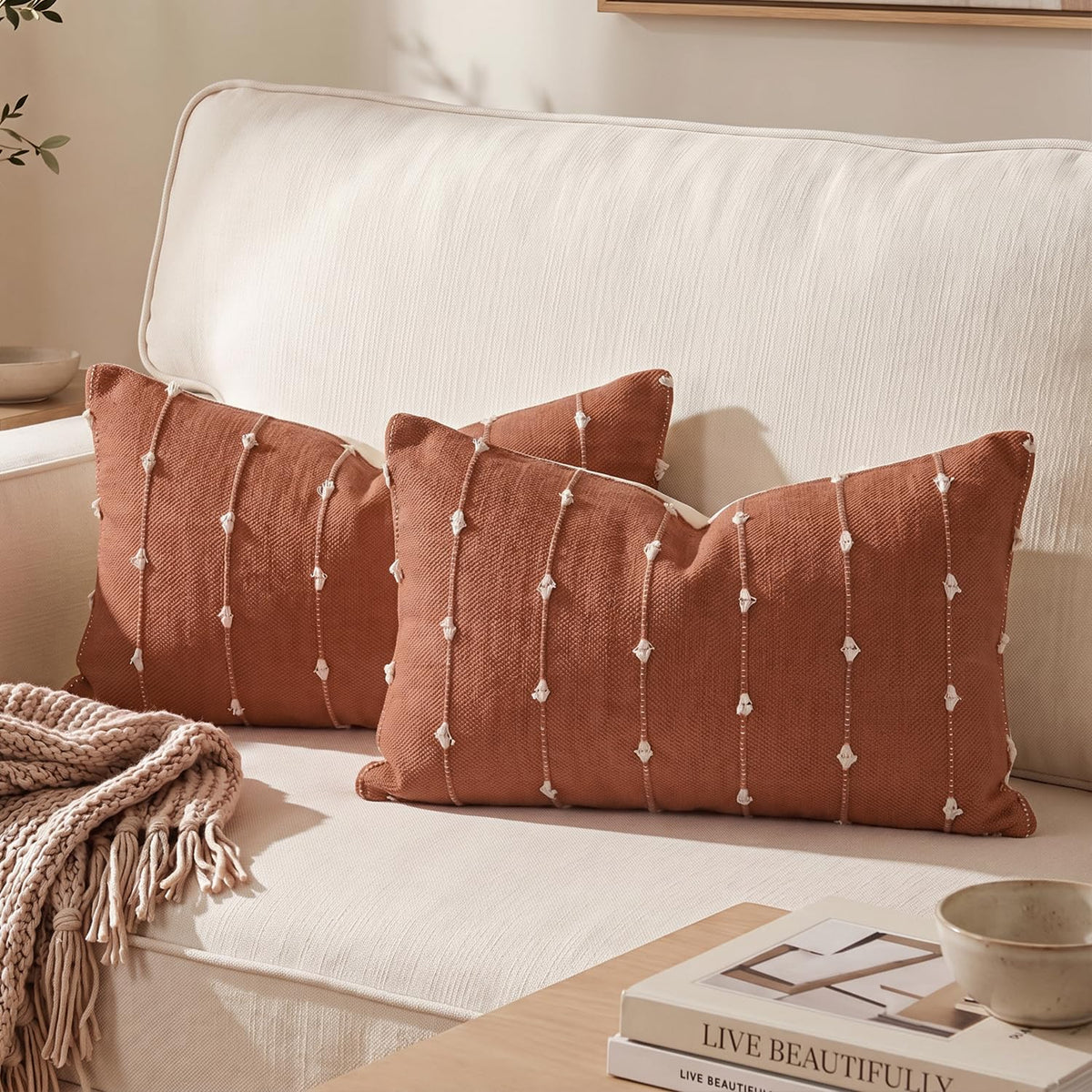 AVOIN colorlife Beige Black Boho Linen Throw Pillow Covers 18x18 Inch 2PC
