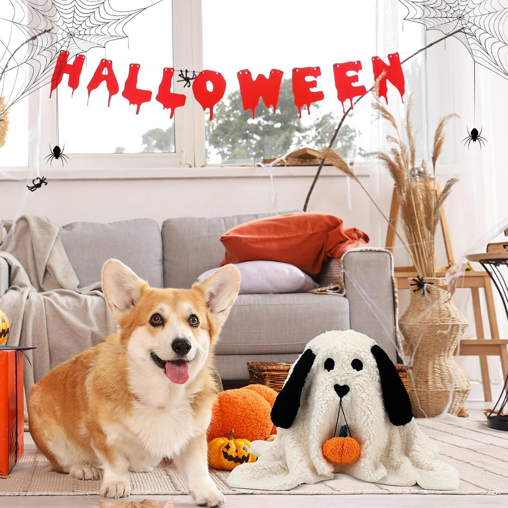 11.8 Inch Halloween Dog Ghost Shaped Throw Pillow with Pumpkin