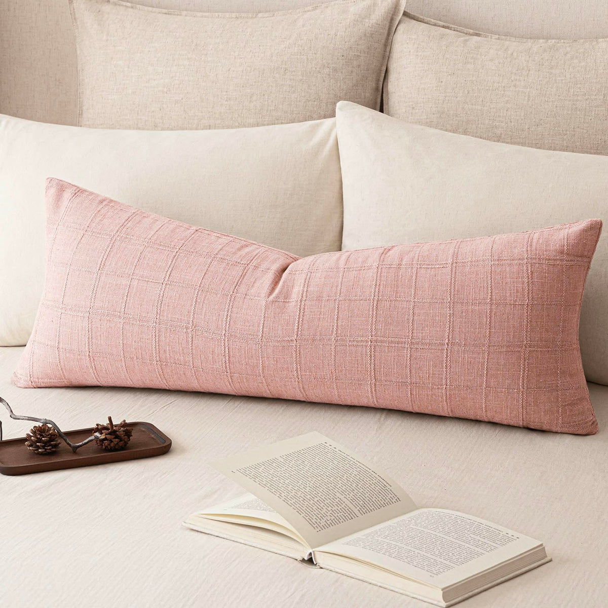 Foindtower Set of 1 Decorative Linen Check Throw Pillow Cover Neutral Farmhouse Lumbar Cushion Cover Modern Boho Home Decor for Sofa Chair Couch Bedroom Living Room,12×20 Inch,Olive Green