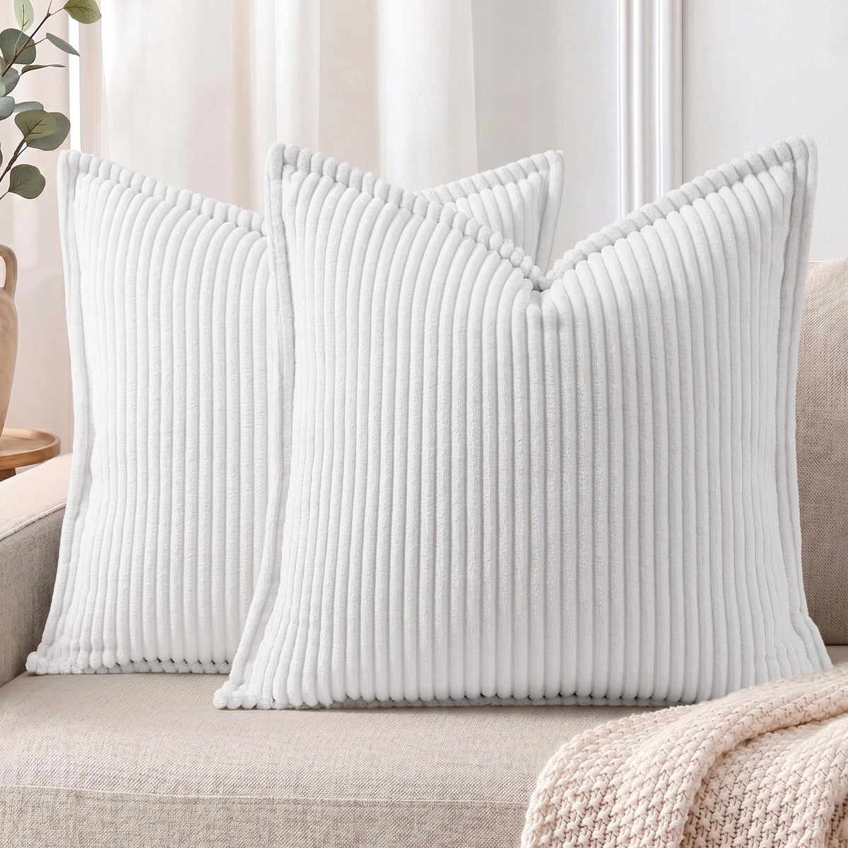 Mecatny Corduroy Fall Throw Pillow Covers 18x18 Set of 2 Cream White