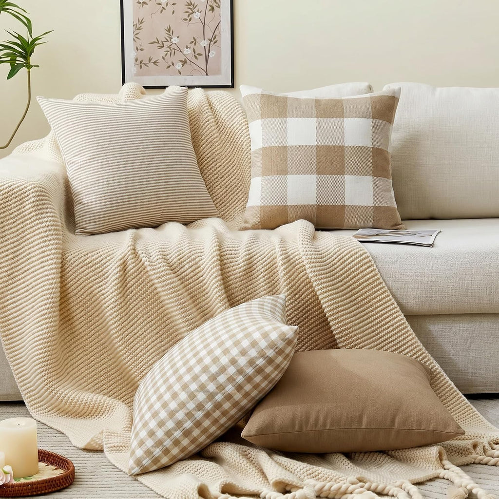 Farmhouse Brown Gingham Checkered Plaid Throw Pillow Covers 20x20 Set of 2