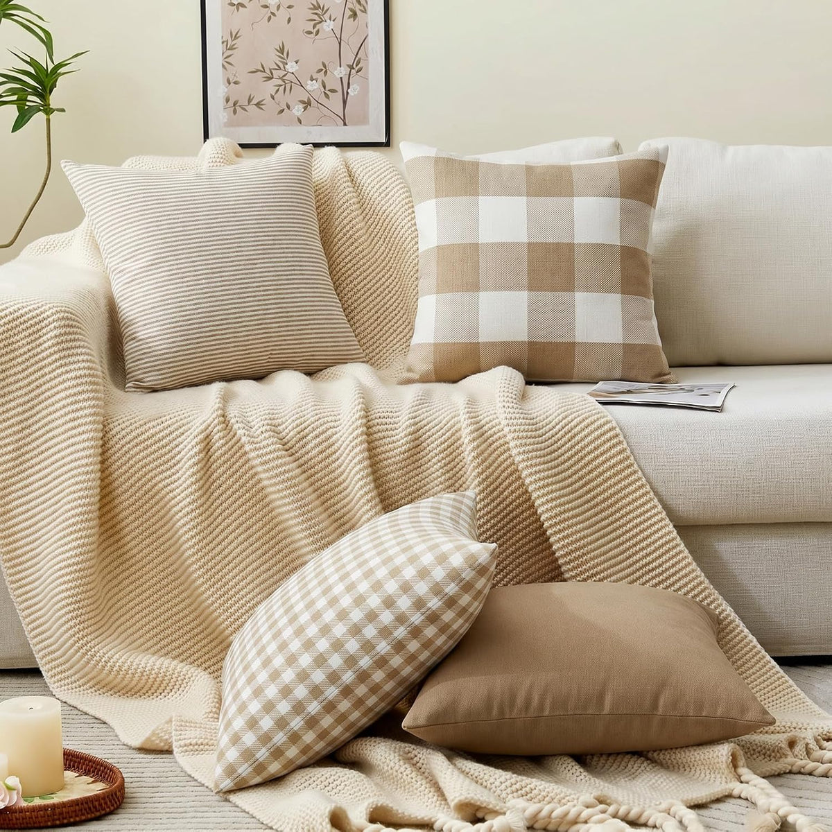 Farmhouse Brown Gingham Checkered Plaid Throw Pillow Covers 20x20 Set of 2