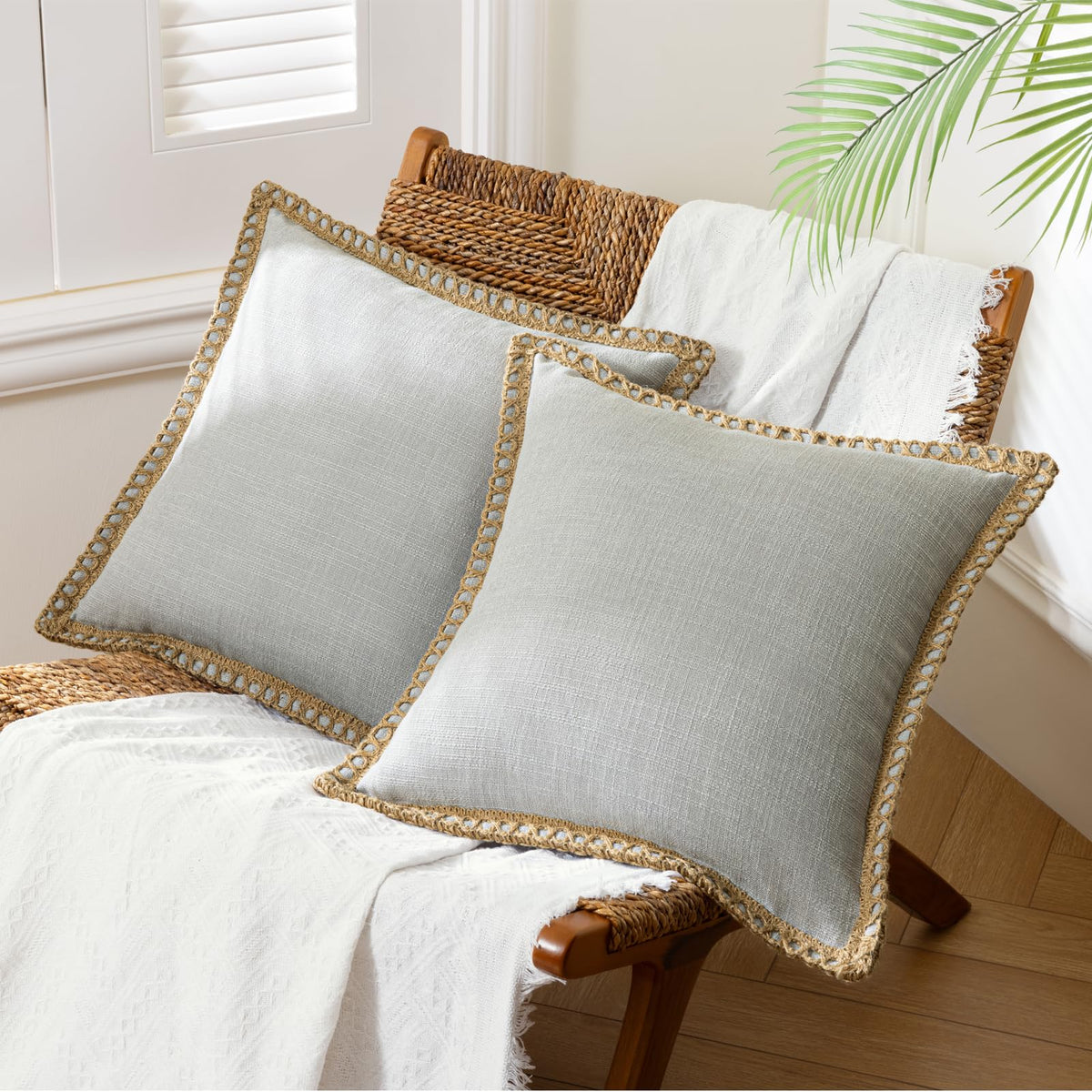 Phantoscope Pack of 2 Coastal Aqua Pillow Covers 18x18, Textured Polyester with Rope Trim, Fade Resistant Vintage Turquoise Blue Decorative Cushion Cases, Hidden Zipper, Farmhouse Boho Beach Decor