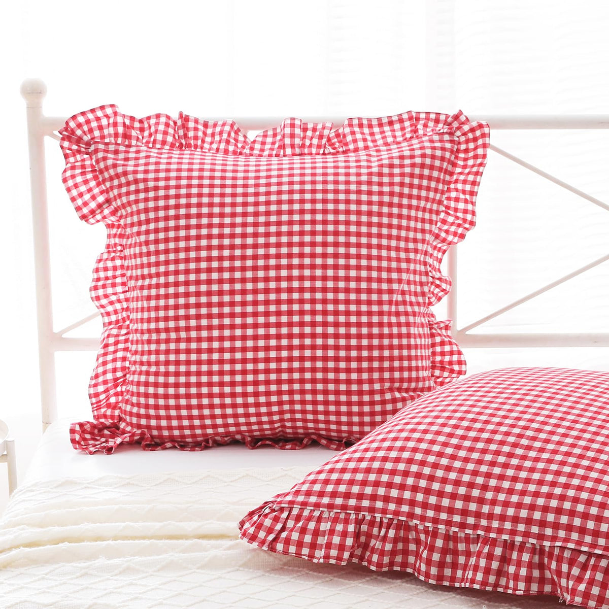 2 Pack Taupe White Gingham Ruffle Throw Pillow Covers 18''x18''