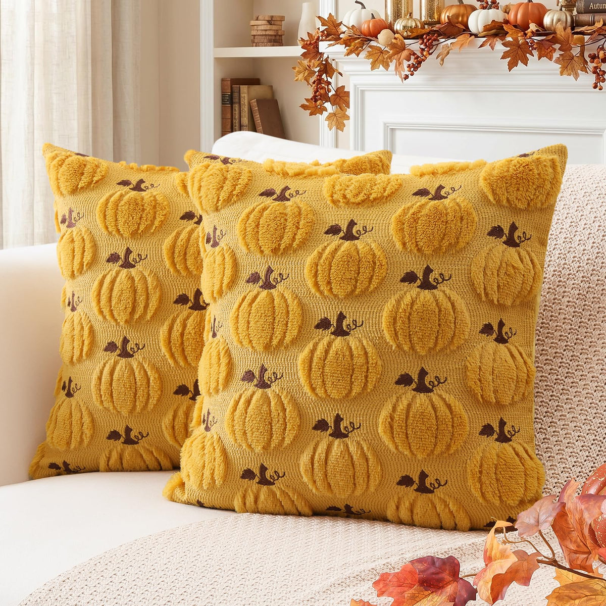Artscope Fall Pumpkin Throw Pillow Covers 18x18 Set of 2, Autumn Soft Plush Faux Fur Decoration Cushion Covers for Thanksgiving Holiday Couch Sofa Bedroom Home Decor-Beige