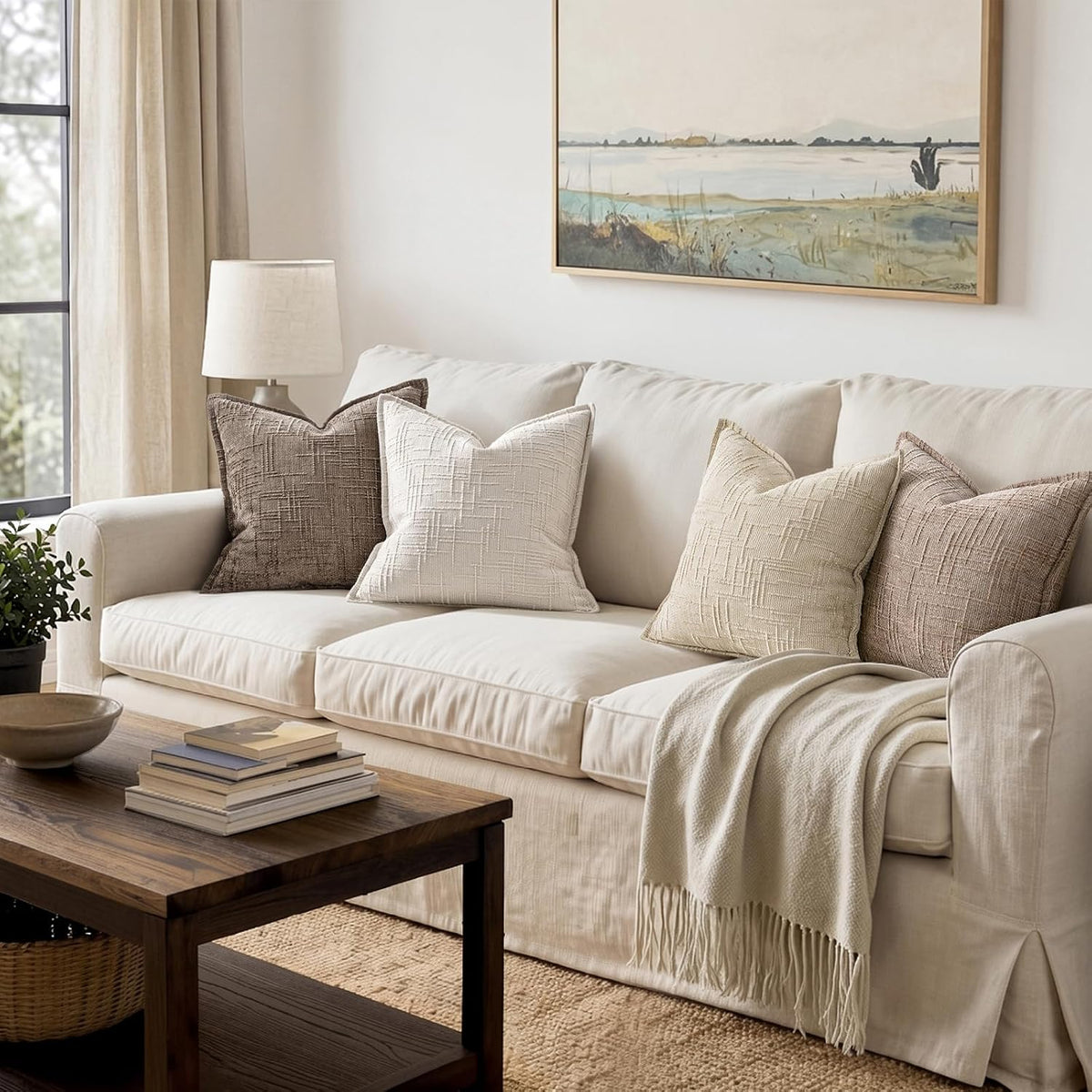 MIULEE Slubby Textured Decorative Throw Pillow Covers Beige 18x18