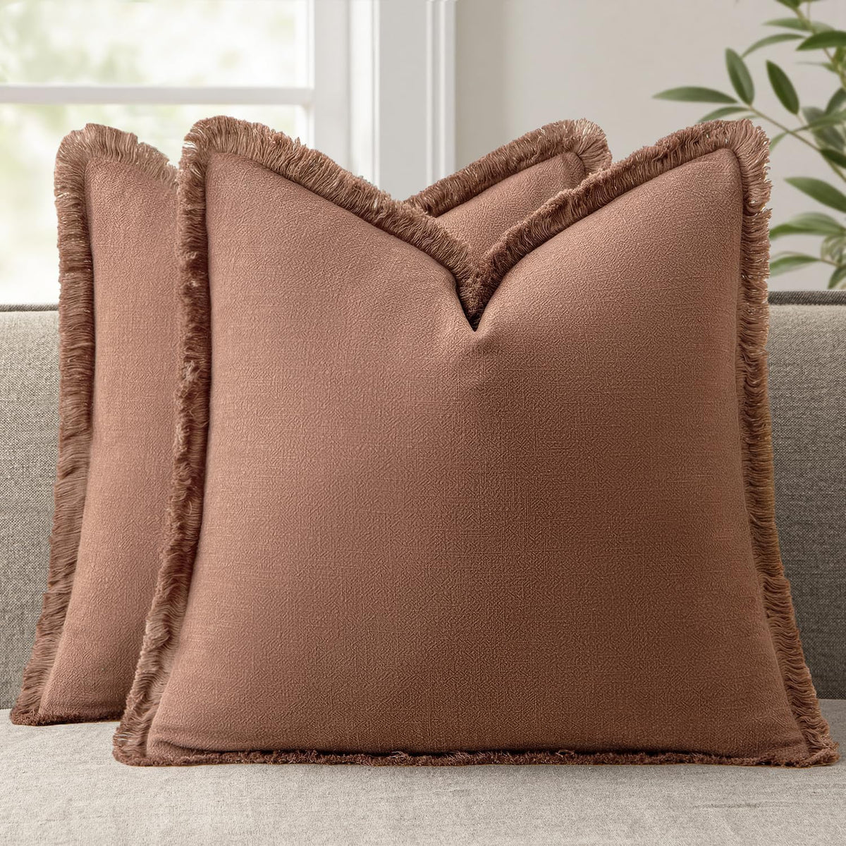 ANRODUO Decorative Linen Fringe Pillow Covers 18×18 Inch Sage Green 2 Pack