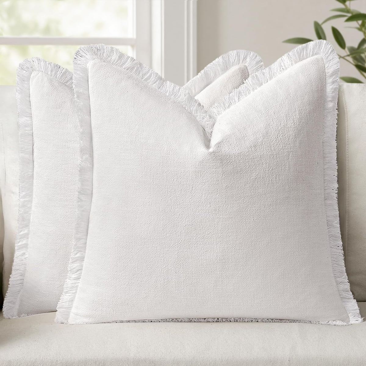 ANRODUO Decorative Linen Fringe Pillow Covers 18×18 Inch Sage Green 2 Pack