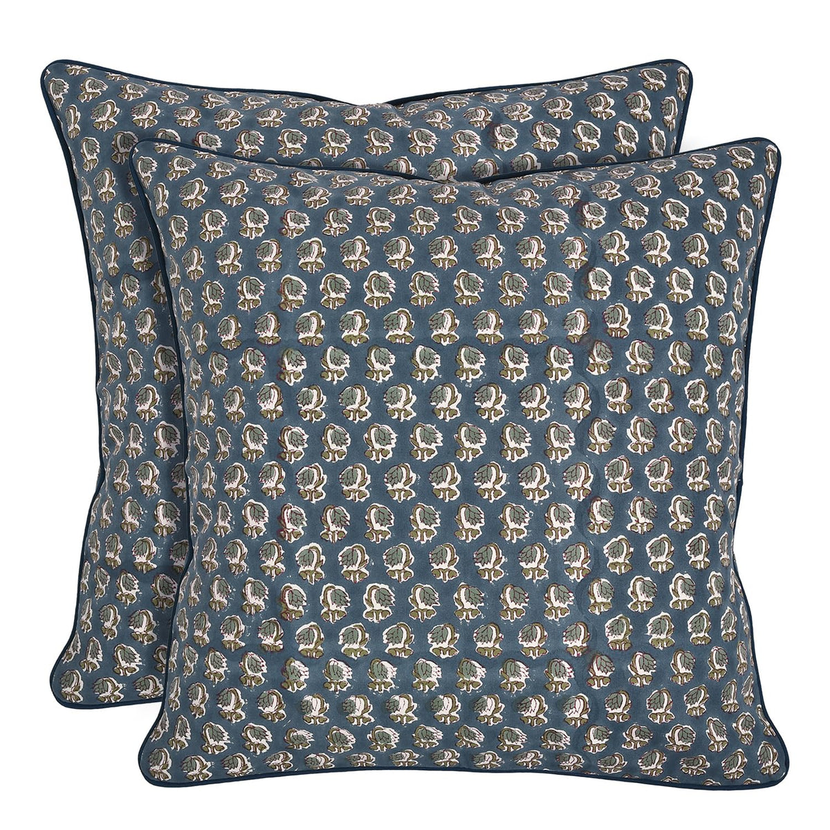 Ridhi Asparagus Green Block Print Cotton Pillow Cover 16x16 Inch Set of 2