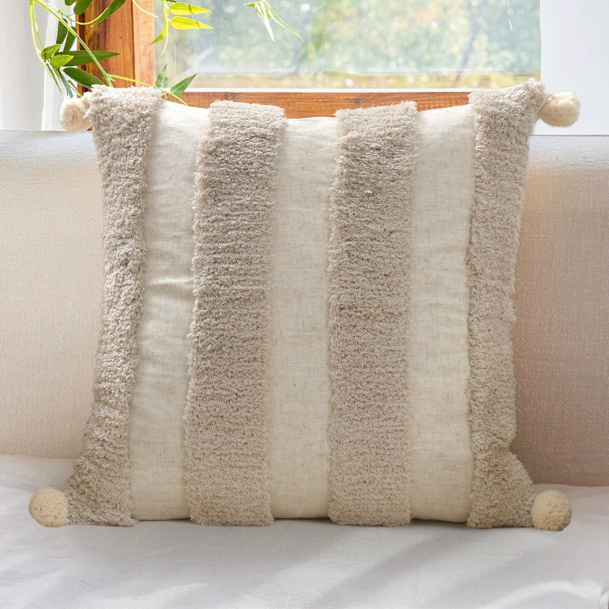 Boho Sofa Throw Pillow Covers – Exquisitely Crafted with Hand-Finished Tuft with Thick Cotton Tassel Details – Soft & Stylish Moroccan Decorative, 18x18inch (Spring Ruched)