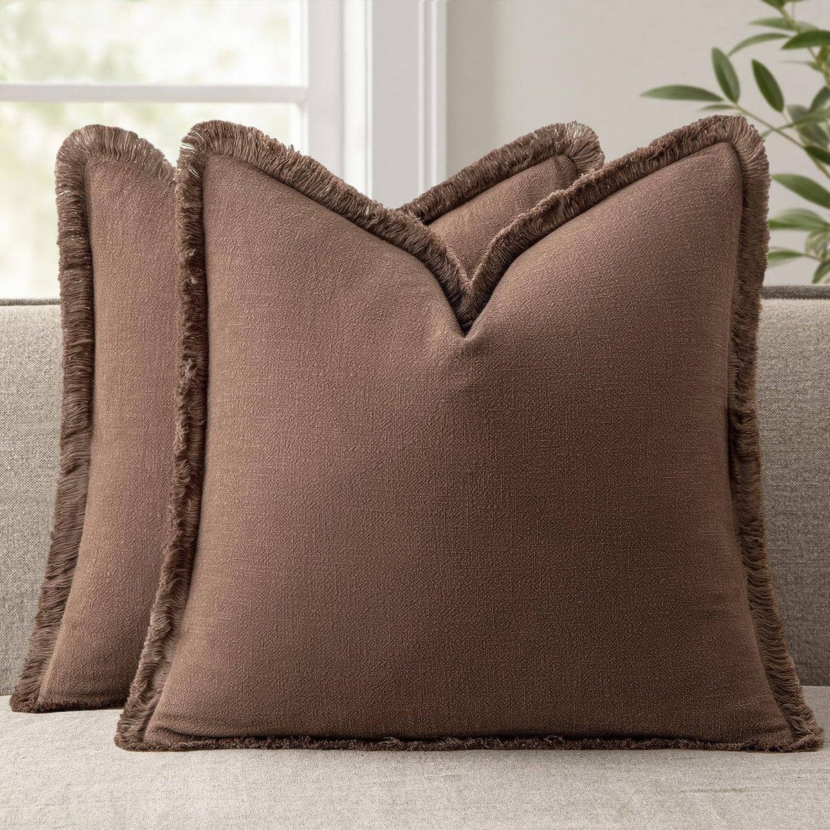 ANRODUO Decorative Linen Fringe Pillow Covers 18×18 Inch Sage Green 2 Pack