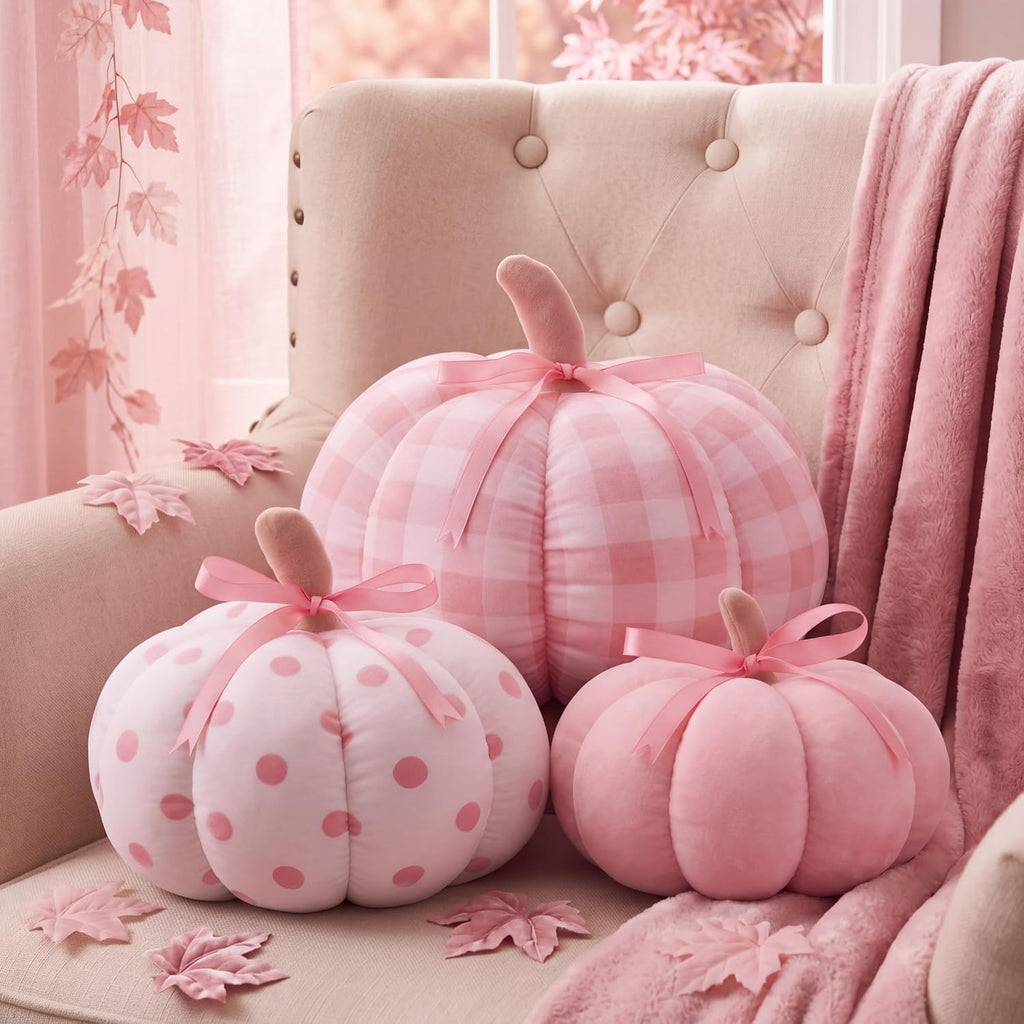 Yookeer 3 Pcs Pumpkin Throw Pillows Sherpa Fall Decor, Pink