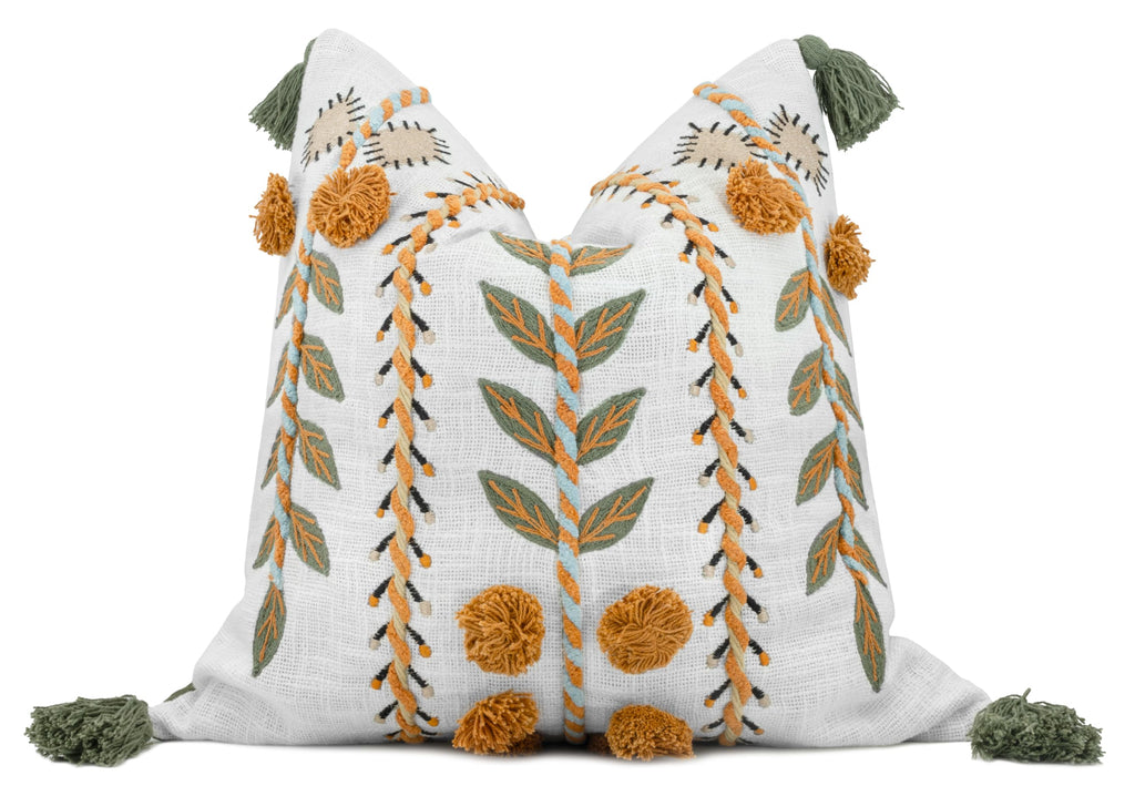 Blue Floral Hand Embroidered 20x20 Pillow Cover, Ivory