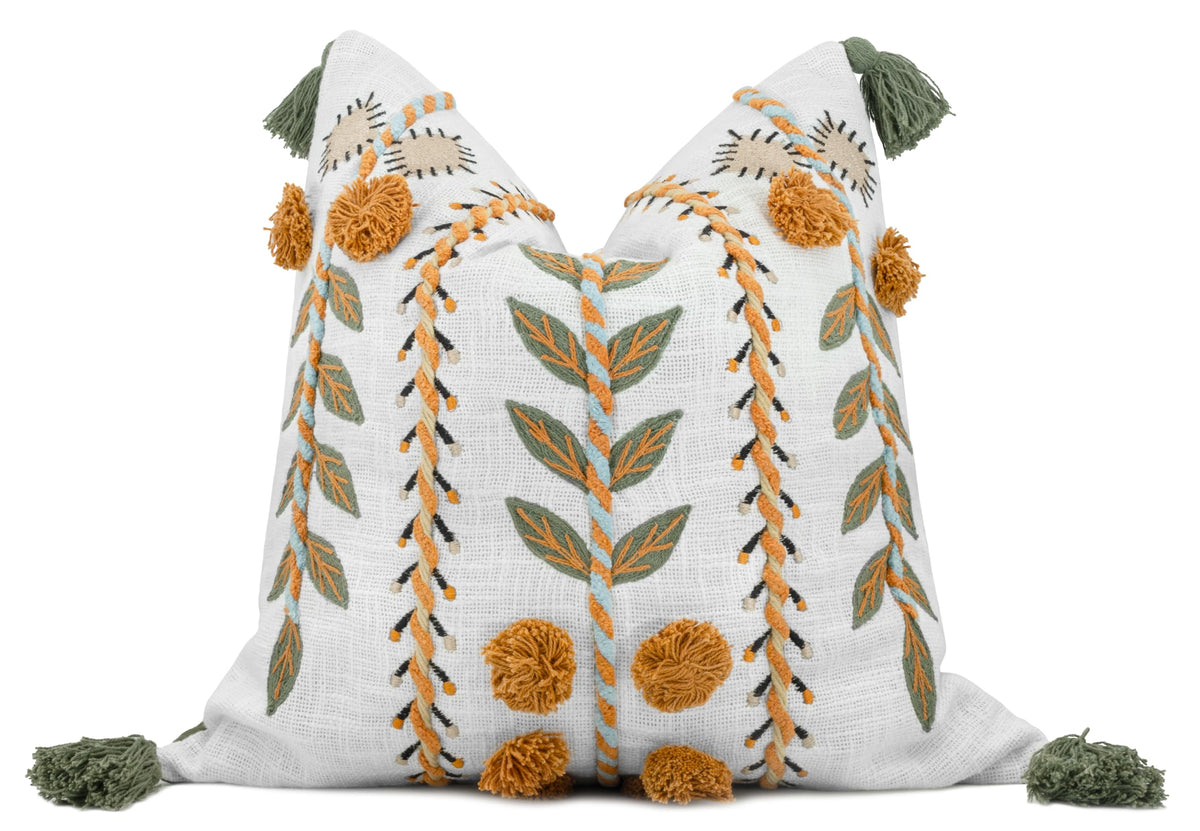 Blue Floral Hand Embroidered 20x20 Pillow Cover, Ivory