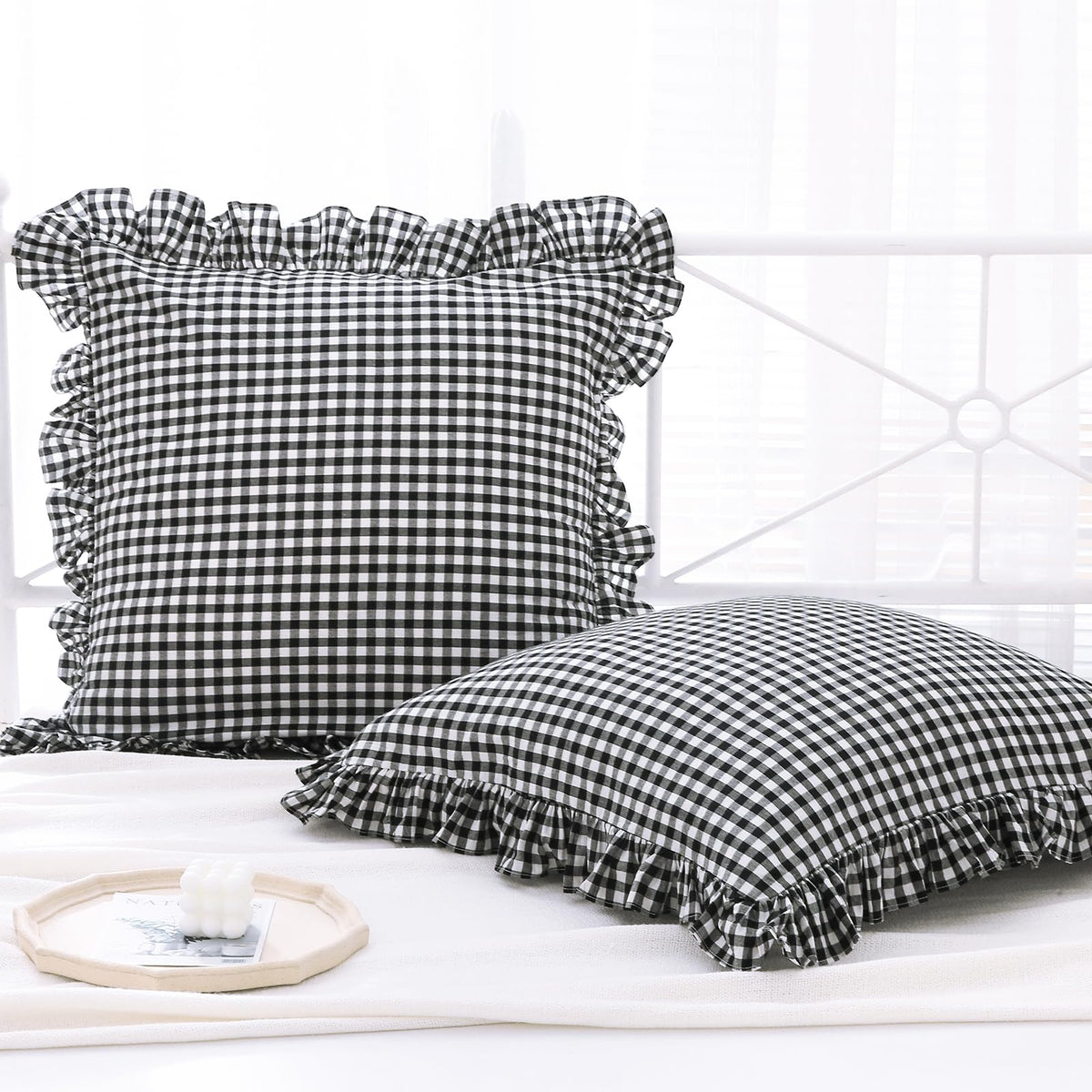 2 Pack Taupe White Gingham Ruffle Throw Pillow Covers 18''x18''