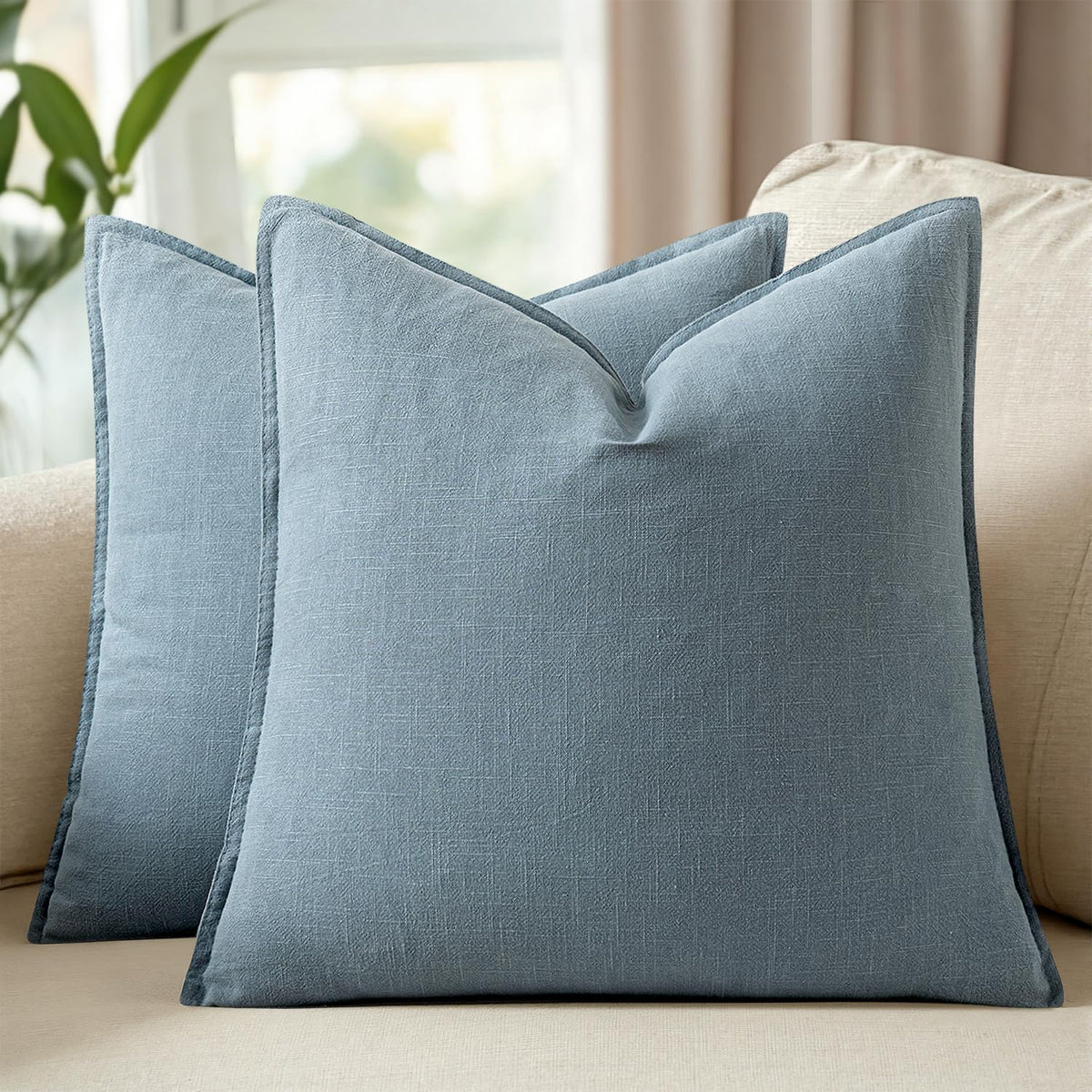 Set of 2 Linen Solid Throw Pillow Covers 20x20 Inch Dark Olive Green
