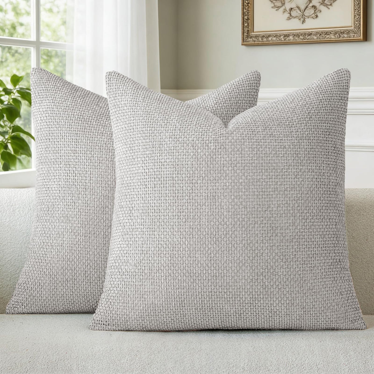 a moment Grey-Beige Chenille Throw Pillow Covers 16x16 Inch Pack of 2 Modern Decorative Throw Pillow Cases Farmhouse Cross Throw Pillowcases Home Decor for Sofa Bedroom Living Room