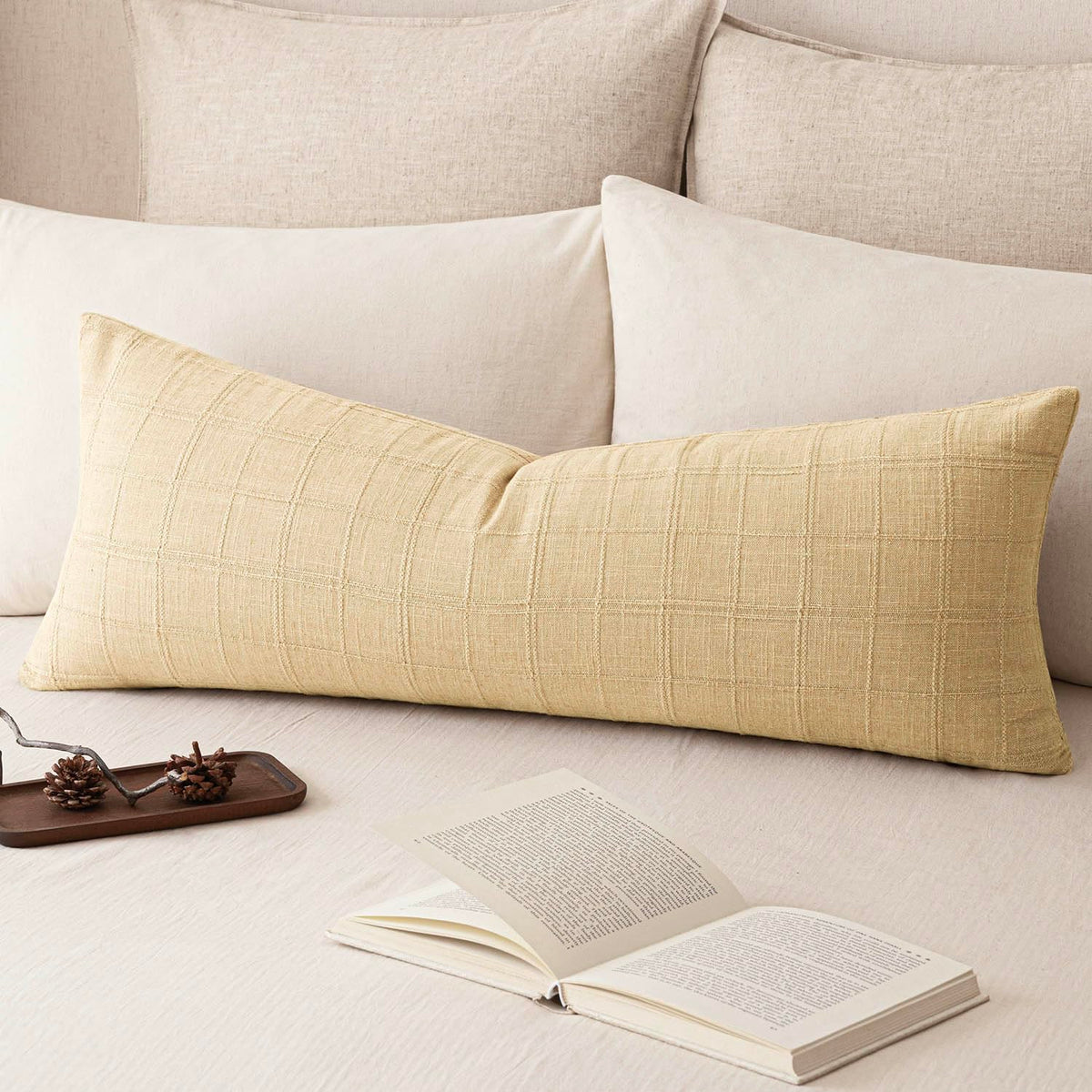 Foindtower Set of 1 Decorative Linen Check Throw Pillow Cover Neutral Farmhouse Lumbar Cushion Cover Modern Boho Home Decor for Sofa Chair Couch Bedroom Living Room,12×20 Inch,Olive Green