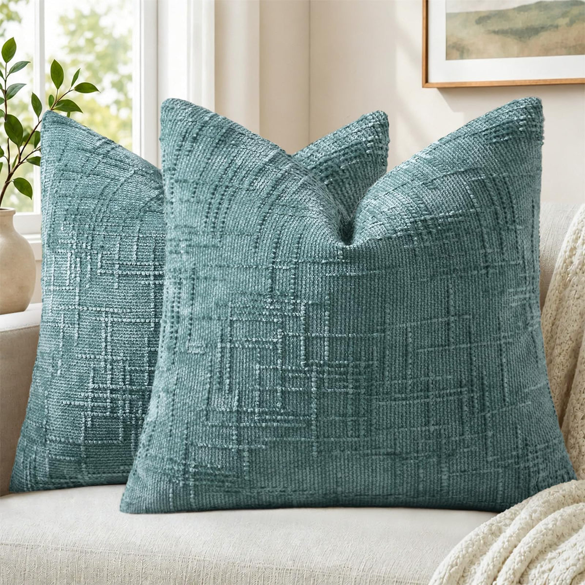 Pallene Cream White Textured Chenille Throw Pillow Covers 18x18 Set of 2
