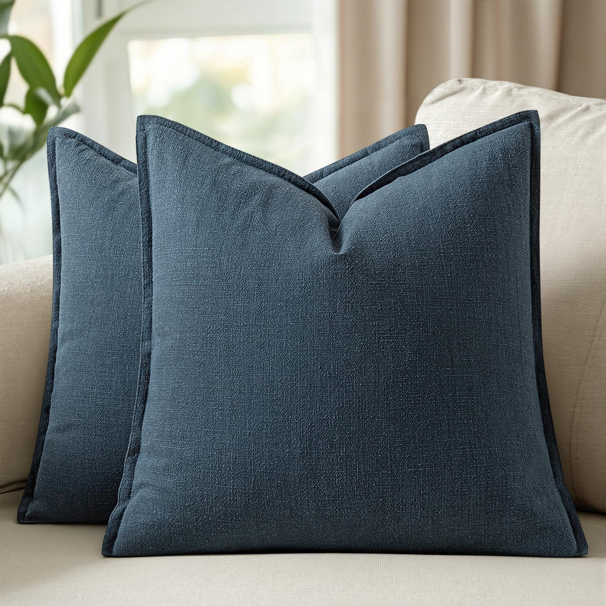 Set of 2 Linen Solid Throw Pillow Covers 20x20 Inch Dark Olive Green
