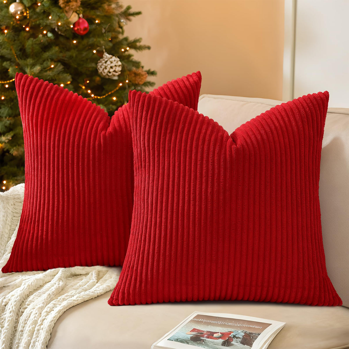 Mecatny Corduroy Fall Throw Pillow Covers 18x18 Set of 2 Cream White