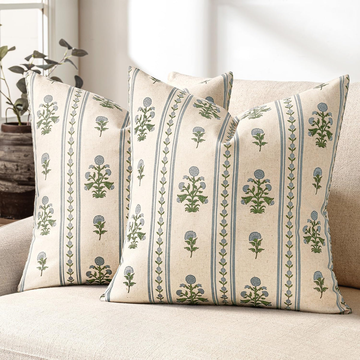 Striped Floral Throw Pillow Covers 18x18 Inch Set of 2 Brown