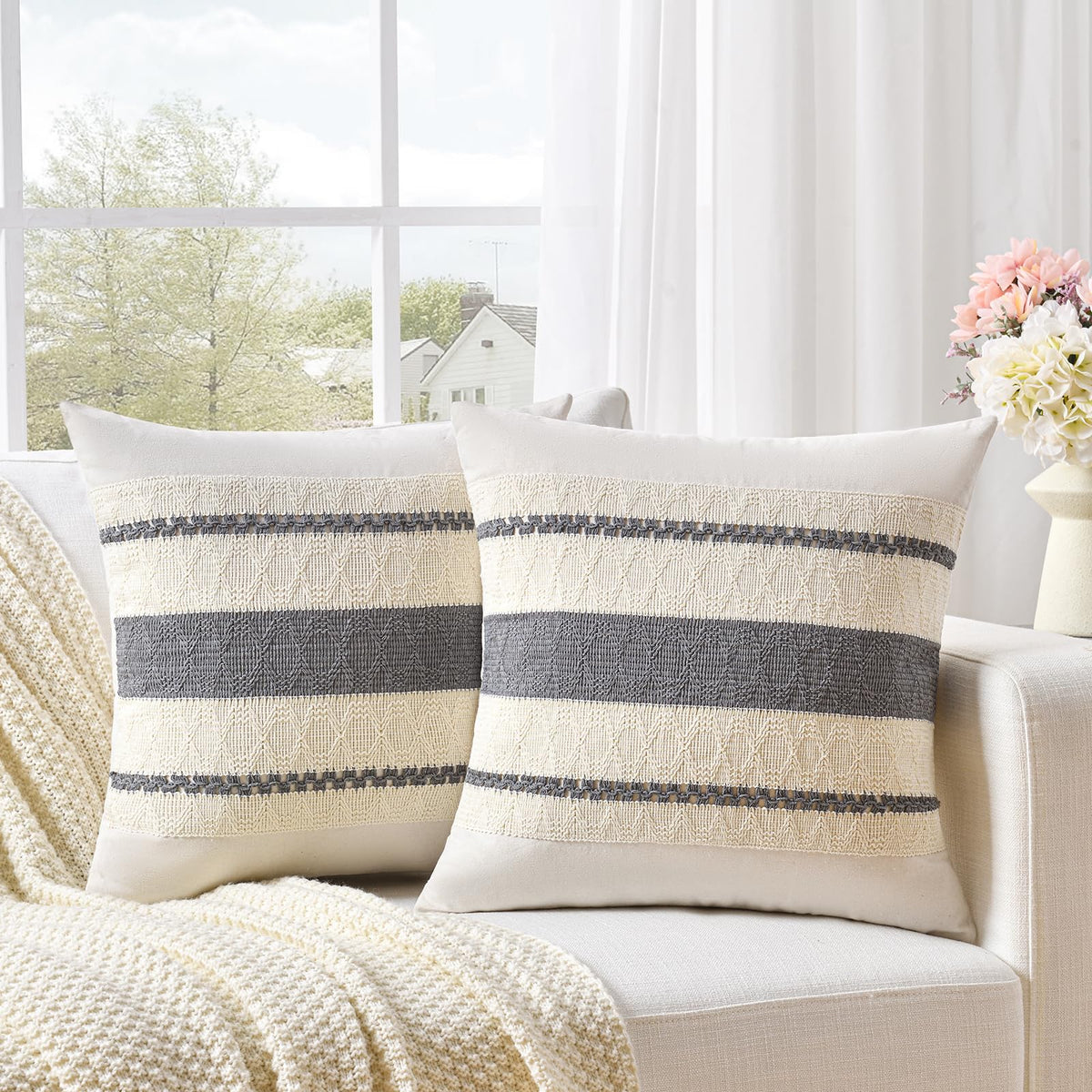 Fancy Homi Set of 2 Boho Olive Green Decorative Throw Pillow Cover 18x18 Inch for Couch Bed Sofa, Aesthetic Modern Organic Farmhouse Home Decor, Soft Cotton Cute Accent Macrame Woven Cushion Case