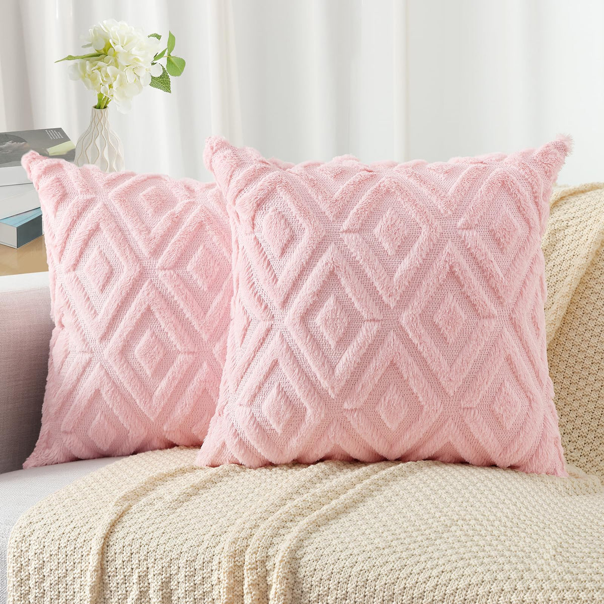 Pallene Fall Cream White Faux Fur Throw Pillow Covers 18x18 Set of 2