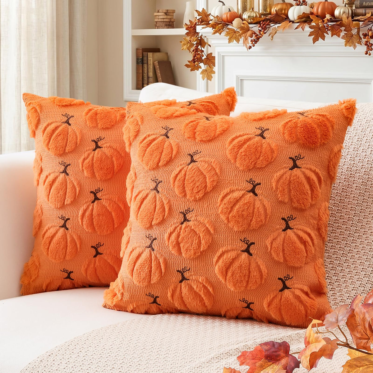 Artscope Fall Pumpkin Throw Pillow Covers 18x18 Set of 2, Autumn Soft Plush Faux Fur Decoration Cushion Covers for Thanksgiving Holiday Couch Sofa Bedroom Home Decor-Beige