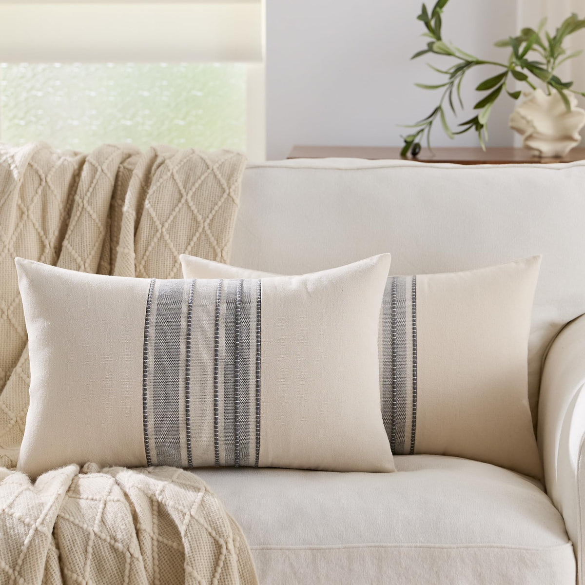 KINDREX Striped Linen Decorative Throw Pillow Covers 18x18 Navy Blue