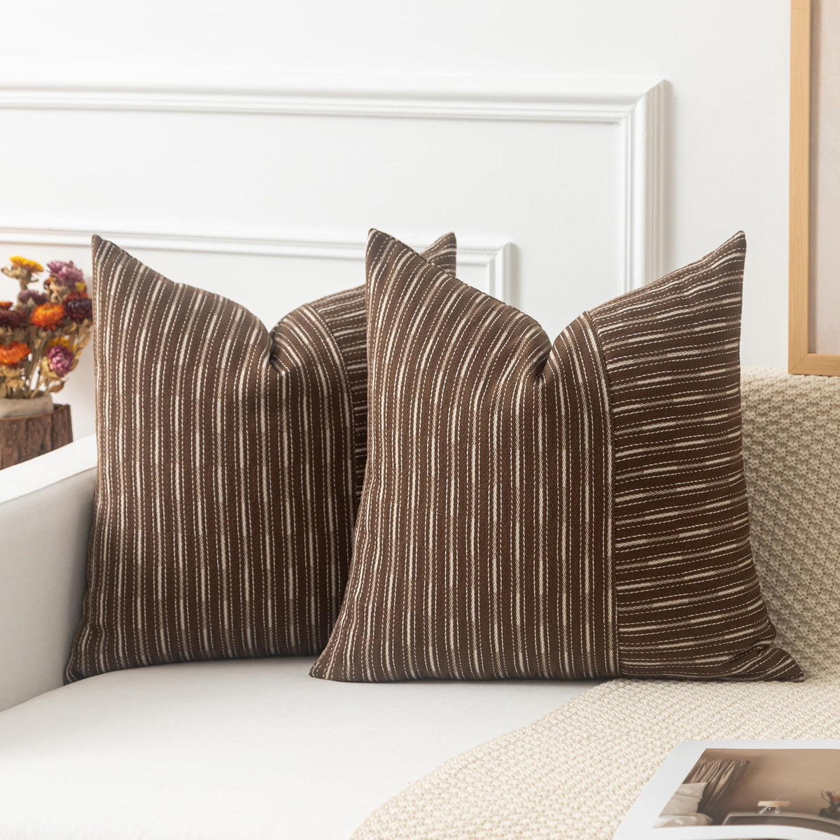 Kevin Textile Valentines Farmhouse Decorative Throw Pillow Covers Boho Woven Texture Burlap Linen Cushion Cover Striped Pillowcase, Wine Red 18 x 18 inches Pack of 2
